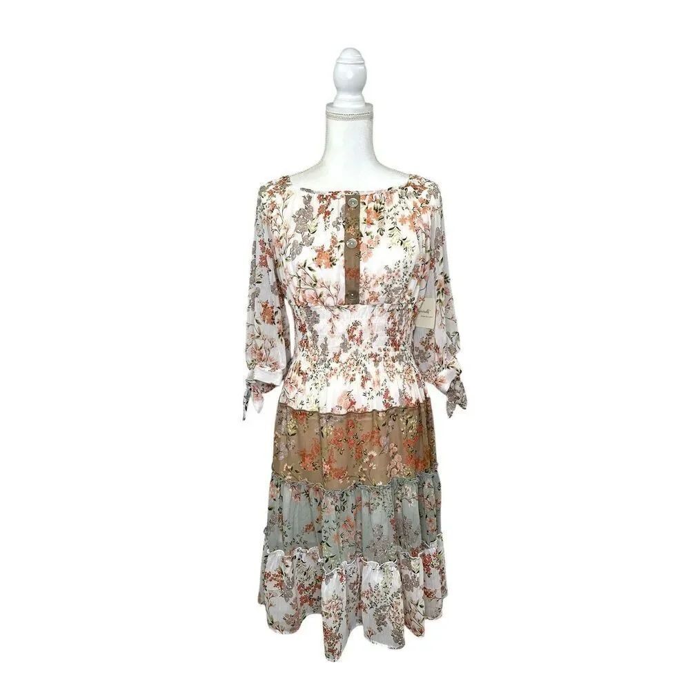 NWT Fig & Flower Anthropologie Boho Peasant Midi Knee Length Dress Womens Medium